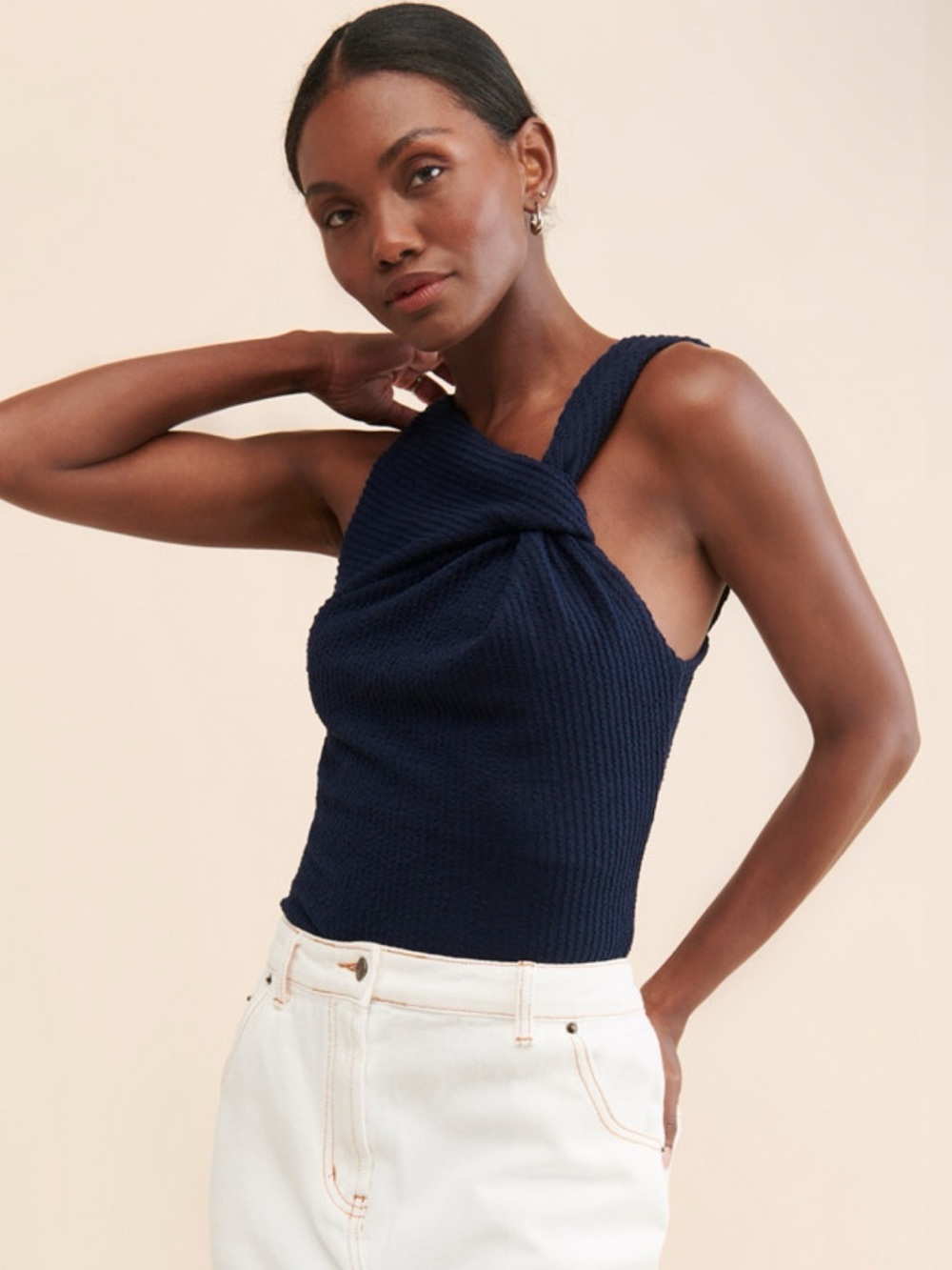 NWT SUNDAY IN BROOKLYN Anthro Navy Blue Front Twist Preppy Boho Tank Top Medium